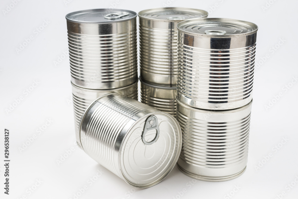 Group of silver canned food on white background. Group of silver canned food on white background.
