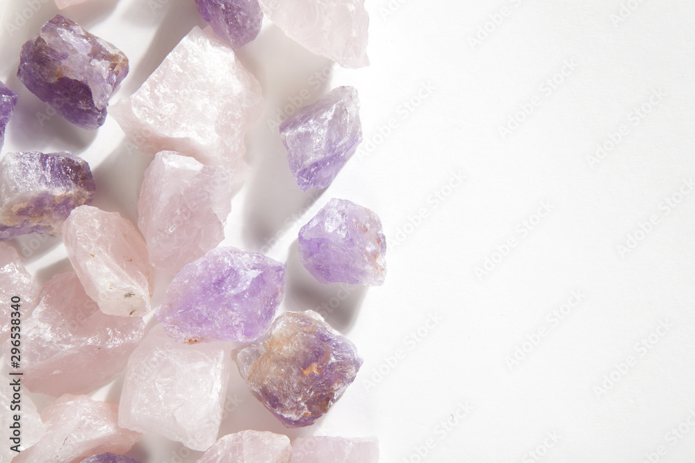 amethyst and pink quartz gems - obrazy, fototapety, plakaty 