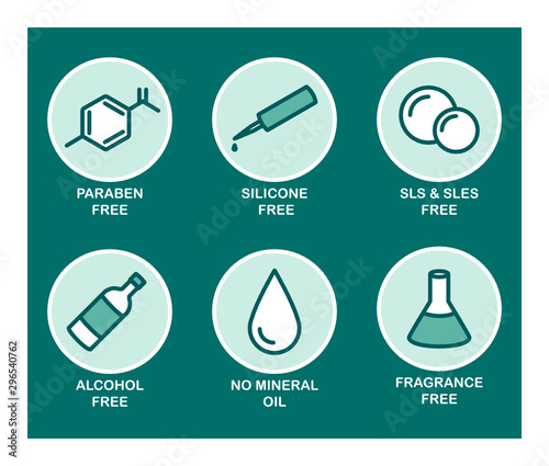 A set of 6 vector icons for cosmetics. Paraben, silicone, sls, sles, alcohol, mineral oil, fragrance. 