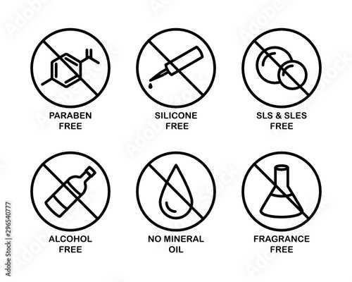 A set of 6 vector icons for cosmetics. Paraben, silicone, sls, sles, alcohol, mineral oil, fragrance. 