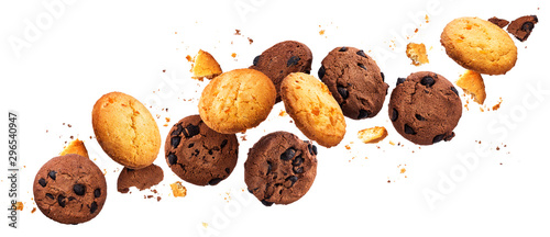 Fotografie, Obraz Falling broken chip cookies isolated on white background with clipping path, fly