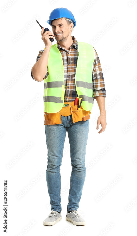 Portrait of male architect with portable radio transmitter on white background Portrait of male architect with portable radio transmitter on white background