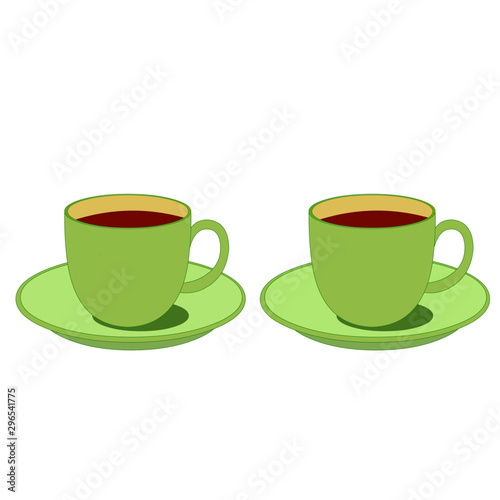 Green Tea Cups and Saucer - Cartoon Vector Image