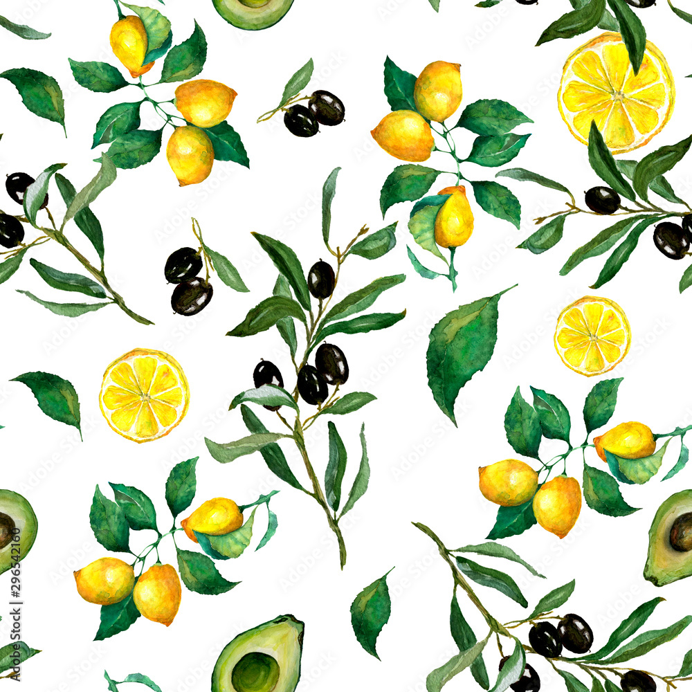 Watercolor seamless pattern of lemon, lemon slices, olives, olive branch and avocado on a white background. Excellent design for packaging, wrapping paper textile, menu, card, banner and etc. Watercolor seamless pattern of lemon, lemon slices, olives, olive branch and avocado on a white background. Excellent design for packaging, wrapping paper textile, menu, card, banner and etc.
