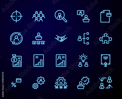 Set of People Management Related Vector Line Icons. Contains such Icons as Target, Puzzle, Certificate, Personal data processing, Task Manager, Qualification, Head Hunting and more. Editable Stroke