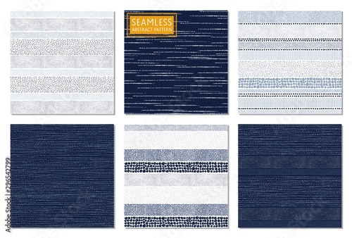 Hand drawn striped set seamless patterns with ink drops. Collection texture in polka dots. Vector doodle illustration in denim style for textile, background, wrapping paper, cover.