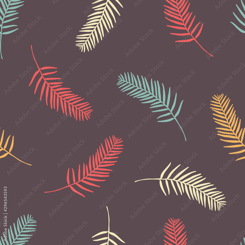 Leaves, abstract colors on dark brown background. Vector seamless pattern.