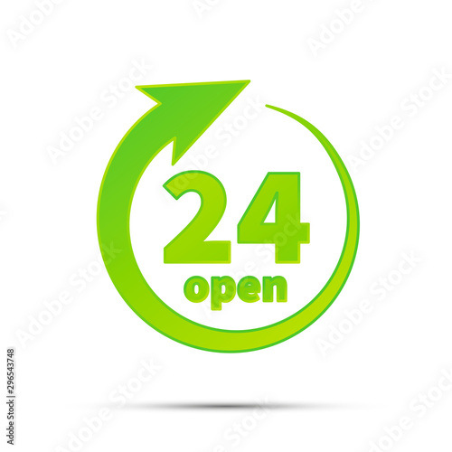24 hours open, bright green simple icon on white