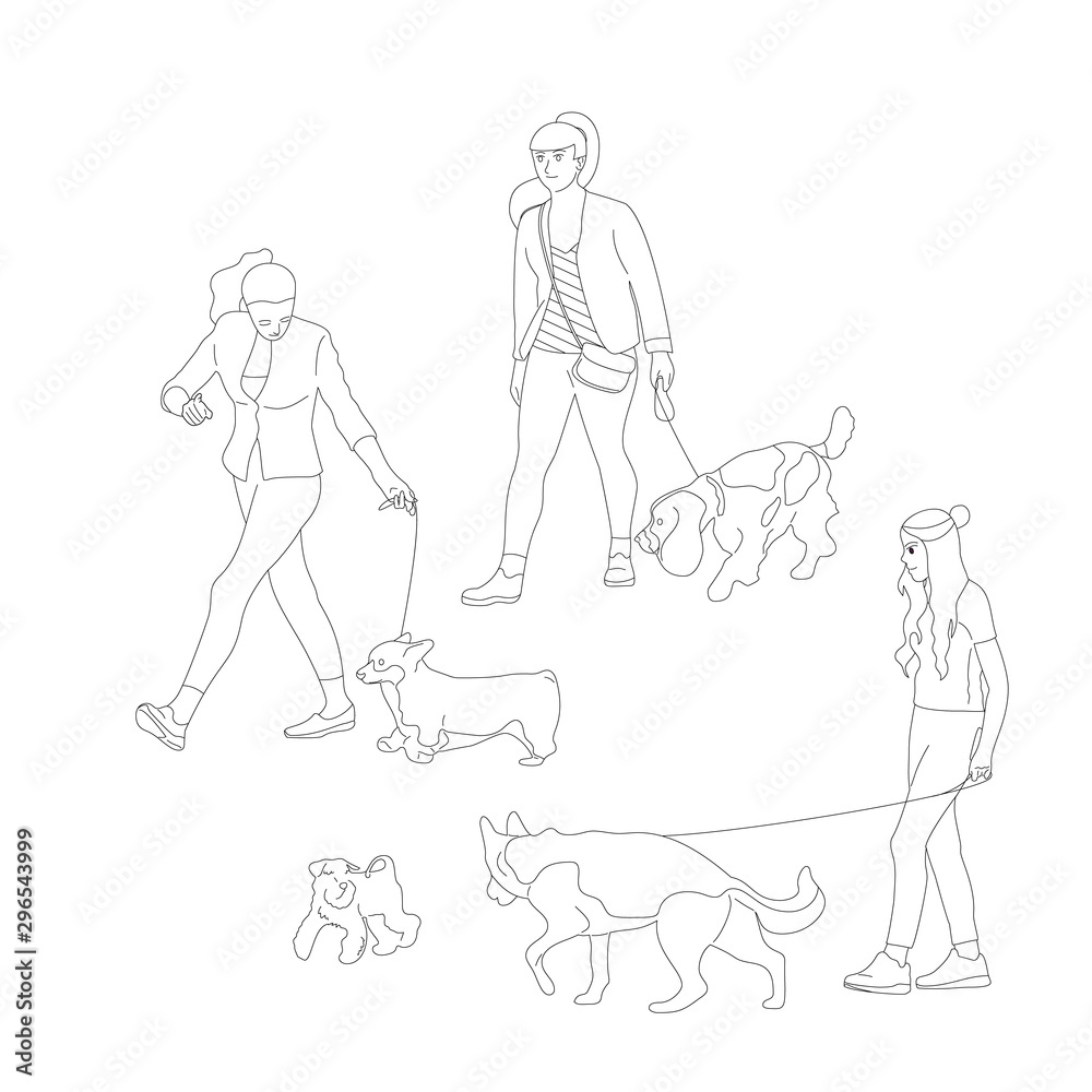 Set of three girls walking with dogs on a leash. Isolated on white background. Flat style cartoon stock vector Set of three girls walking with dogs on a leash. Isolated on white background. Flat style cartoon stock vector