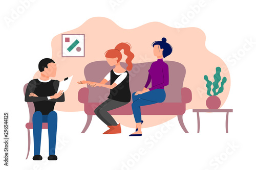 Married caucasian couple of two women having therapeutical meeting at psychologist office. Flat style stock vector illustration