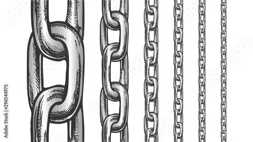 Iron Chain Seamless Pattern In Different Scale Retro Set Vector. Collection Classical Heavy Metallic Chain. Linked Rings Elements Engraving Designed In Vintage Style Color Illustrations