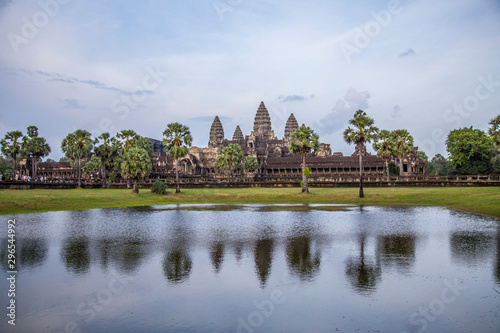 The Angkor Wat temple reflected in the water, a Unesco heritage temple. Cambodia
