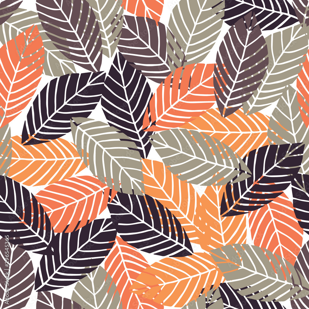 Autumn simple leaves, overlapping, natural colors on white background. Vector seamless pattern.