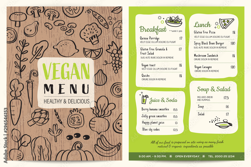 Vegan restaurant menu. Green organic food board vector template. Vegetables doodle on wooden background. - obrazy, fototapety, plakaty 