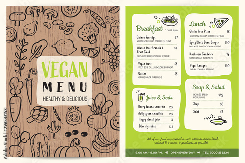 Vegan restaurant menu. Green organic food board vector template. Vegetables doodle on wooden background.