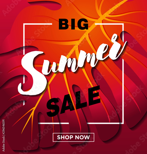 Summer Sale Design with Exotic Palm Leaves and Typography Letter on Exotic Phylodendron Leaves Background. Tropical Holiday Vector Special Offer Illustration with Coupon, Voucher, Banner, Flyer  photo