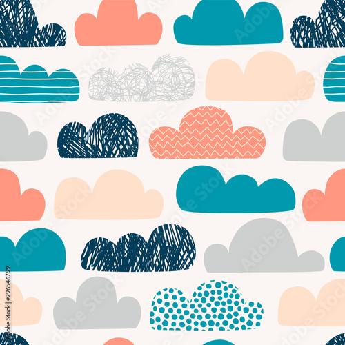 Clouds hand drawn color vector seamless pattern. Multicolor doodle eddies on white background. Decorative zigzag, line, scribble and circle spot clouds flat illustration. Textile, wallpaper design
