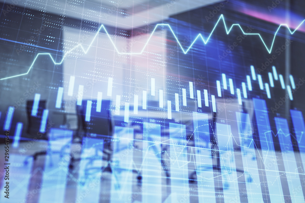Multi exposure of stock market graph on conference room background. Concept of financial analysis Multi exposure of stock market graph on conference room background. Concept of financial analysis