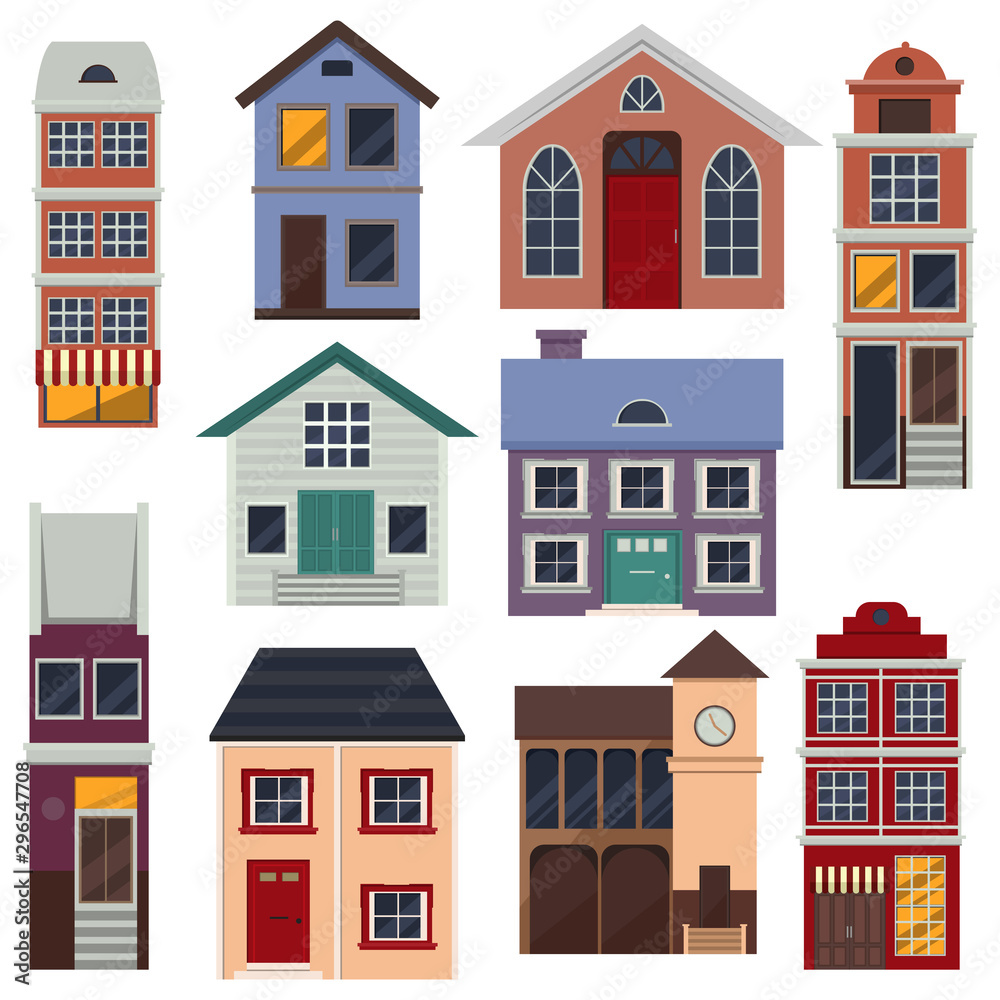 Set of row of different houses along the street. Winter, autumn, spring street. Colorful residential house. Home, building, house exterior, family house, modern house. Flat style vector illustration