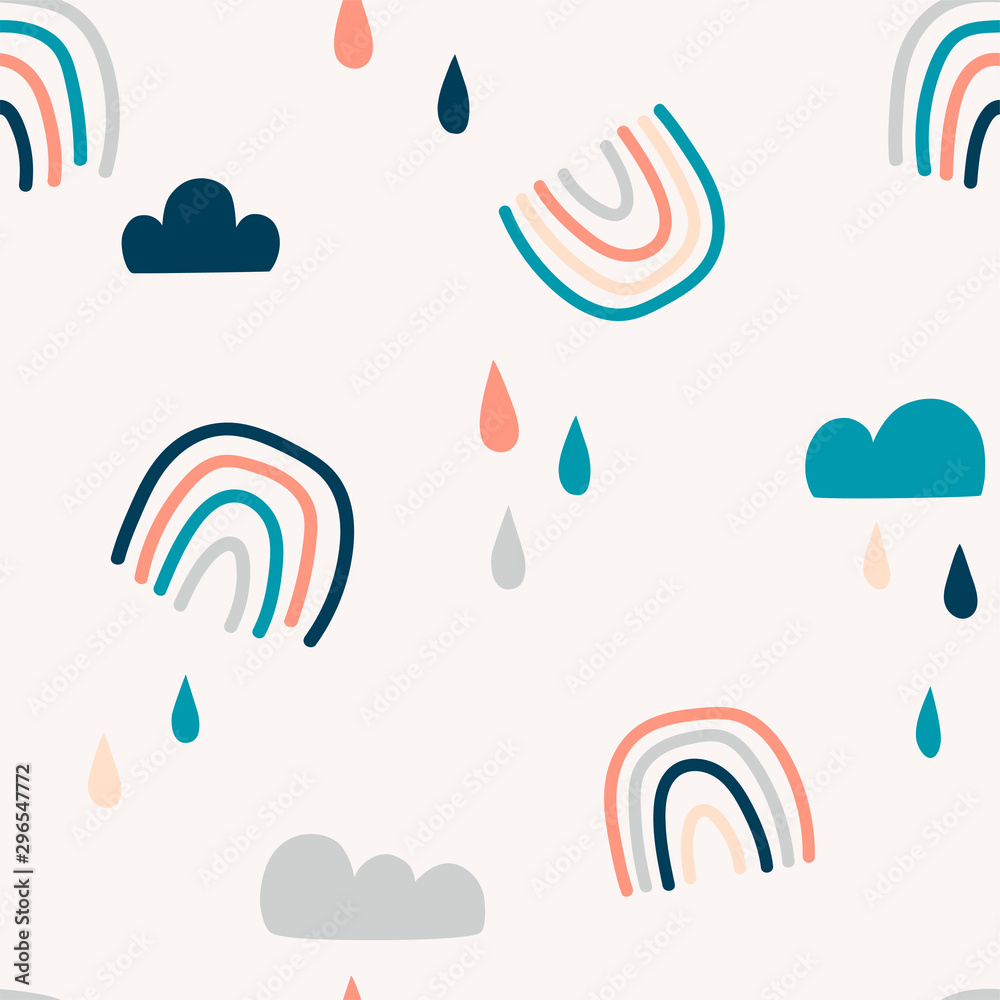 Fototapeta Abstract rainbows hand drawn seamless pattern. Colorful uneven geometric shapes doodle drawing. Rain drops clouds background. Gender neutral nursery backdrop. Decorative textile, wallpaper, wrapping