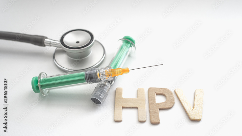 Injection needle with stethoscope and Text " HPV" put on white
