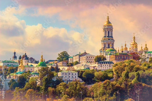 Kiev, Ukraine. Cupolas of Pechersk Lavra Monastery and river Dniepr panoramic city photo