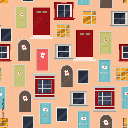 Seamless pattern of different windows and doors. Spring street. Colorful residential house. Home Flat style vector illustration