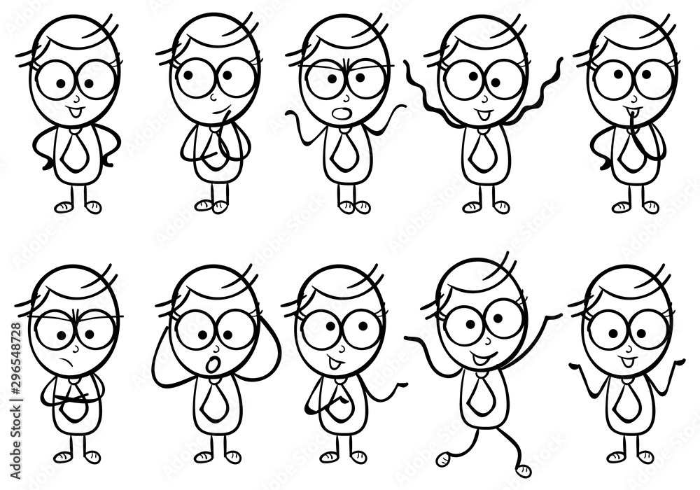 Set of happy cartoon doodle figures with different facial expressions