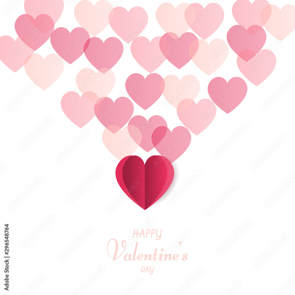 Vector shape confetti splash. Valentine's Day background congratulation card. Paper cut hearts. Card with paper art hearts