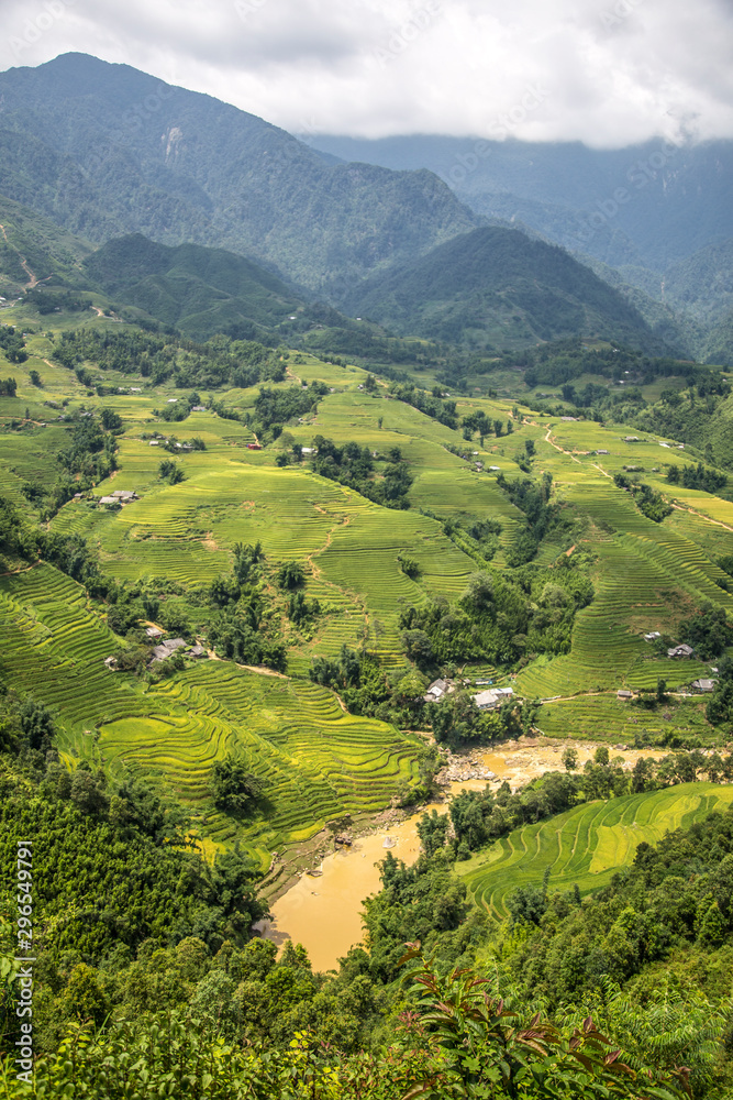 Valley between the mountains of Sapa and its rice paddies. Vietnam
