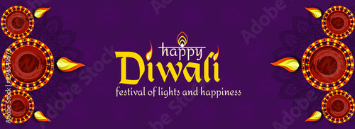 Diwali festival greeting card with modern elements top view of social media header or banner design decorated with illuminated oil lamps on mandala pattern  background for Happy Diwali_Vector.
