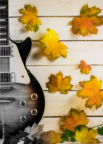 electric guitar on a background of yellowed leaves on a light background, a gradient in black and white
