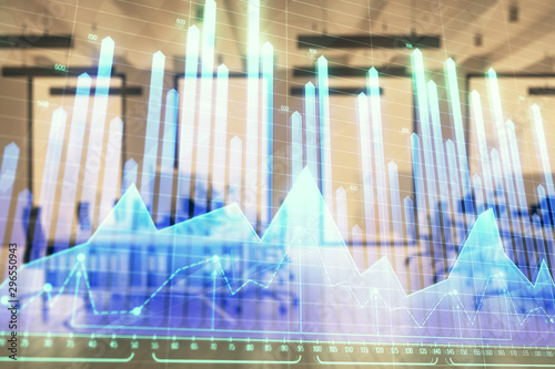 Stock market chart with trading desk bank office interior on background. Double exposure. Concept of financial analysis