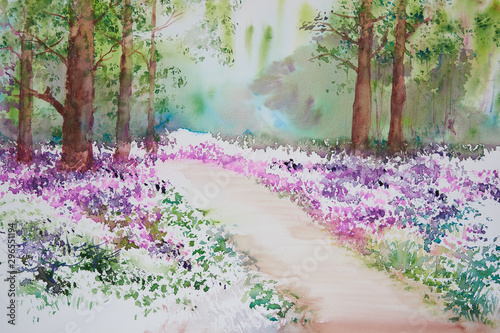 Watercolor painting of tree and beautiful pink flowers