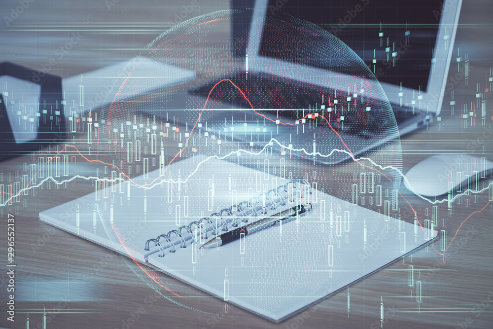 Multi exposure of graph and financial info and work space with computer background. Concept of international online trading. Multi exposure of graph and financial info and work space with computer background. Concept of international online trading.