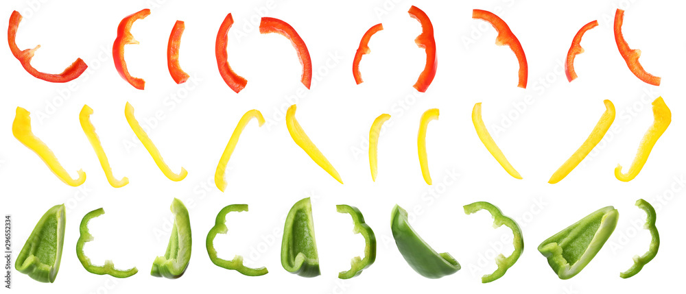 Rings of ripe bell peppers on white background Rings of ripe bell peppers on white background