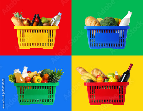 Fototapeta Naklejka Na Ścianę i Meble -  Collage of shopping baskets with grocery products on color backgrounds