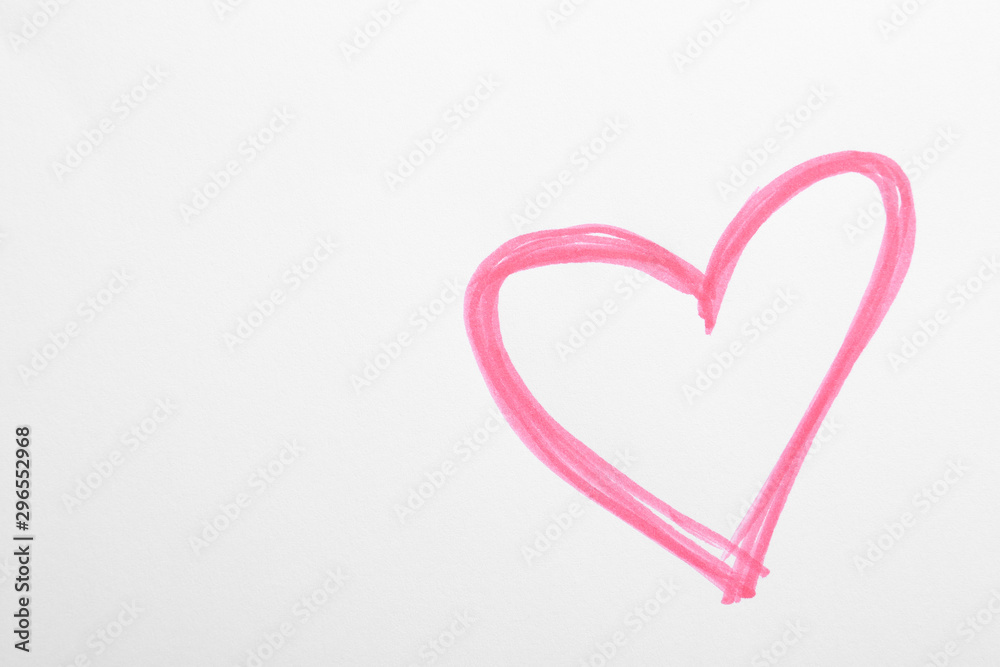Pink heart drawn on white paper, top view