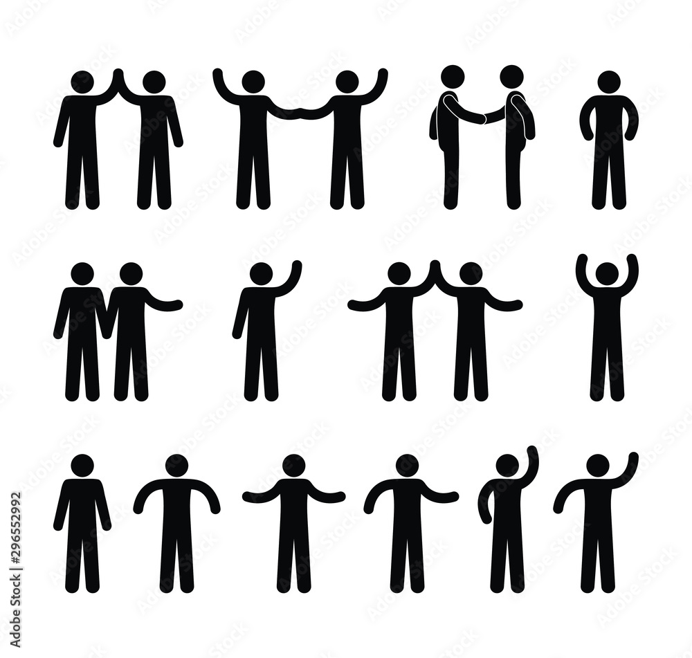 gestures of people icons, stick figure pictogram man, isolated human silhouettes waving hands gestures of people icons, stick figure pictogram man, isolated human silhouettes waving hands