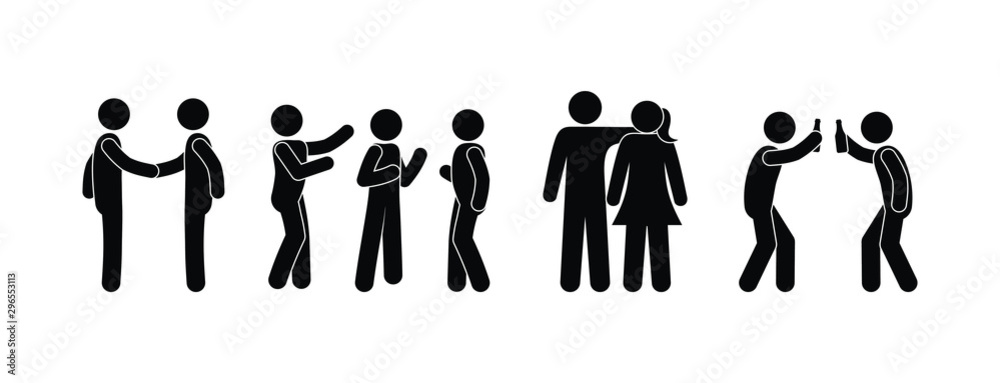 people interact, communication illustration, stick figure people pictograms isolated on white background