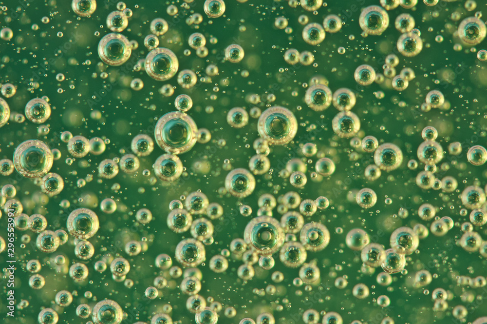 Small and Large Oxygen Bubbles in Green Liquid Small and Large Oxygen Bubbles in Green Liquid