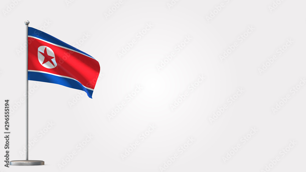 Naklejka premium North Korea 3D waving flag illustration on Flagpole. Perfect for background with space on the right side.