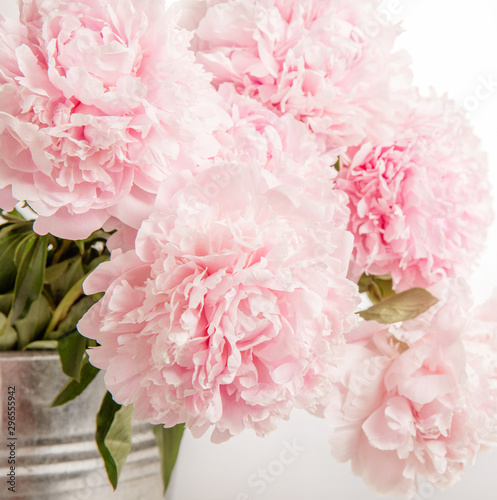 Fototapeta Naklejka Na Ścianę i Meble -  Delicate beautiful pink bouquet of peonies closeup, wedding card, invitation, romantic image.