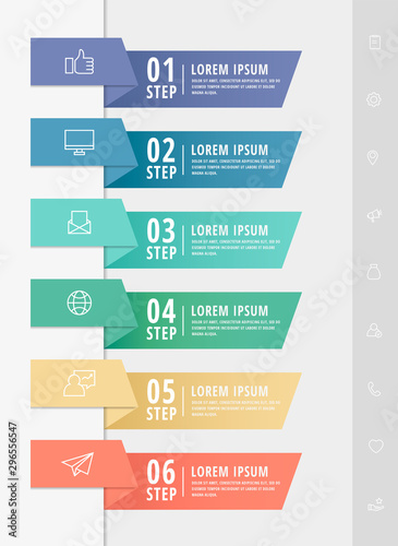Vector infographic flat template arrows for six diagrams, graph, presentation. Business concept with 6 rectangles. For content, flowchart, step for step, timeline, web, marketing, data visualization
