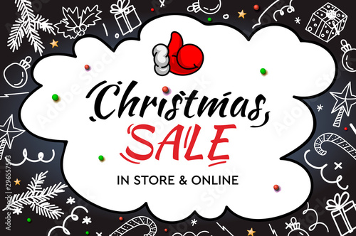 Christmas Sale, in store and online. Handwritten modern lettering with doodle decorative elements and Santa thumb up on chalkboard background.