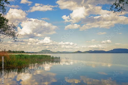 Nice water landscape, lake Balaton in Hungary with volcanoes