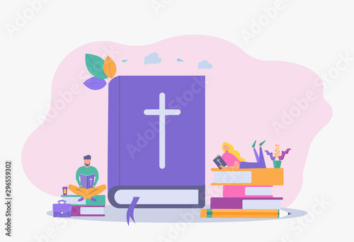 Christian people read the Holy Bible and learn about the Word of God. Jesus Christ and the Bible, a holy scripture. Colorful vector illustration