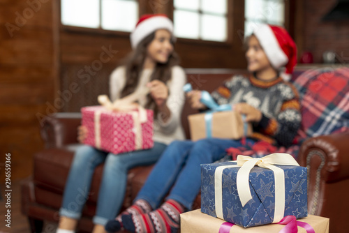 Medium shot blurred kids with gifts