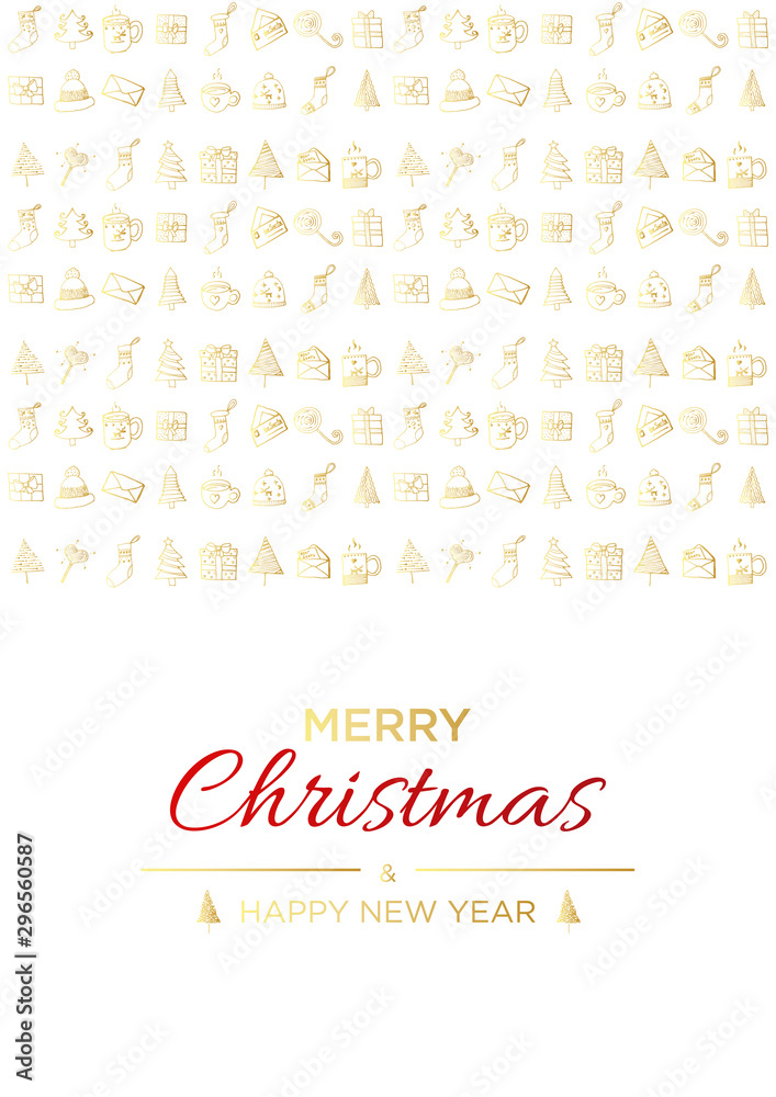 Merry Christmas and happy new year vector poster or greeting card design with hand drawn doodles elements. Xmas banner with gold and red gradient.