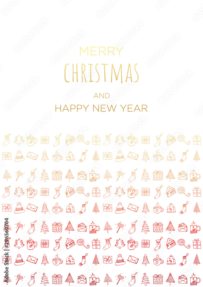 Merry Christmas and happy new year vector poster or greeting card design with hand drawn doodles elements. Xmas banner with gold and red gradient. Merry Christmas and happy new year vector poster or greeting card design with hand drawn doodles elements. Xmas banner with gold and red gradient.